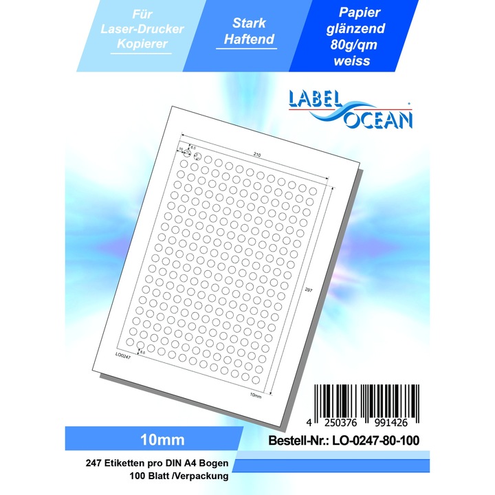 Etichete Autoadezive LabelOcean pe Suport A4 Buline Rotunde Ø 10 mm 100 Coli Lucioase