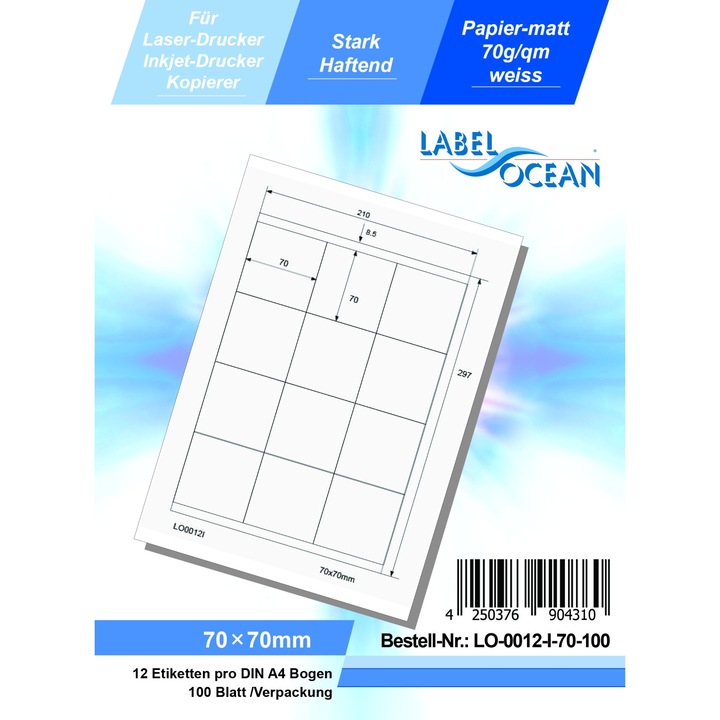Etichete Autoadezive LabelOcean pe Suport A4 Dimensiuni 70x70 mm 100 Coli