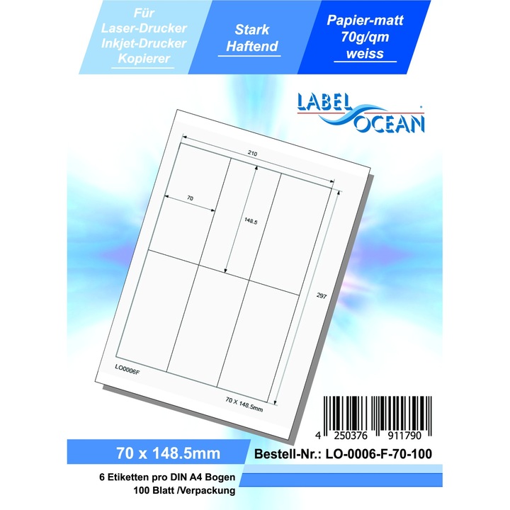 Etichete Autoadezive LabelOcean pe Suport A4 Dimensiuni 70x148.5 mm 100 Coli