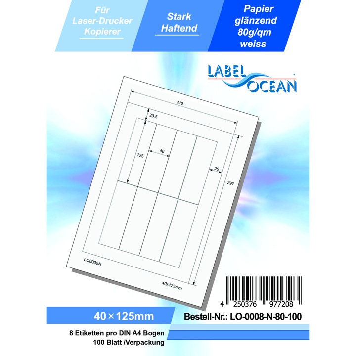 Etichete Autoadezive LabelOcean pe Suport A4 Dimensiuni 40x125 mm 100 Coli Lucioase