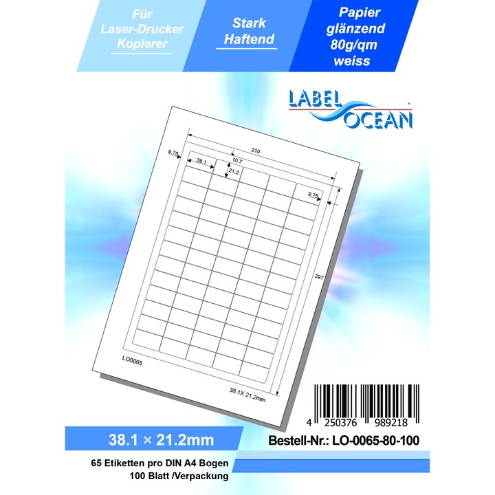 Etichete Autoadezive LabelOcean pe Suport A4 Dimensiuni 38.1x21.2 mm 100 Coli Lucioase