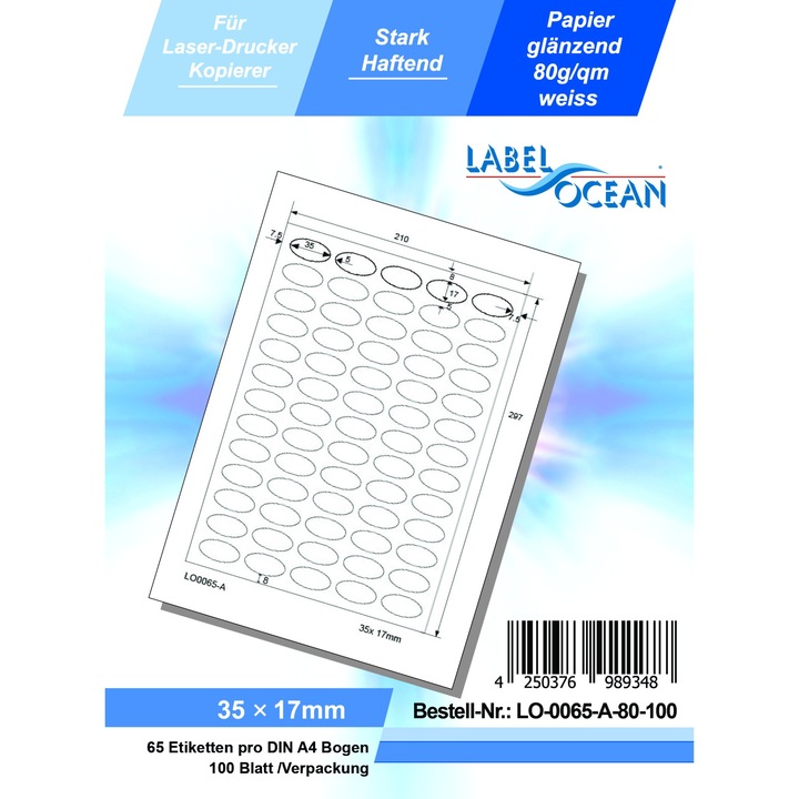 Etichete Autoadezive LabelOcean pe Suport A4 Ovale Dimensiuni 35x17 mm 100 Coli Lucioase