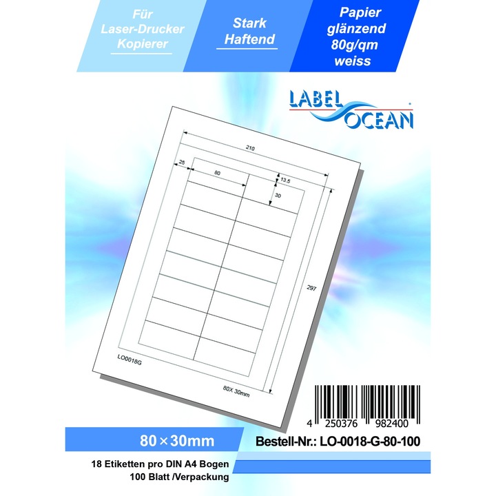 Etichete Autoadezive LabelOcean pe Suport A4 Dimensiuni 80x30 mm 100 Coli Lucioase
