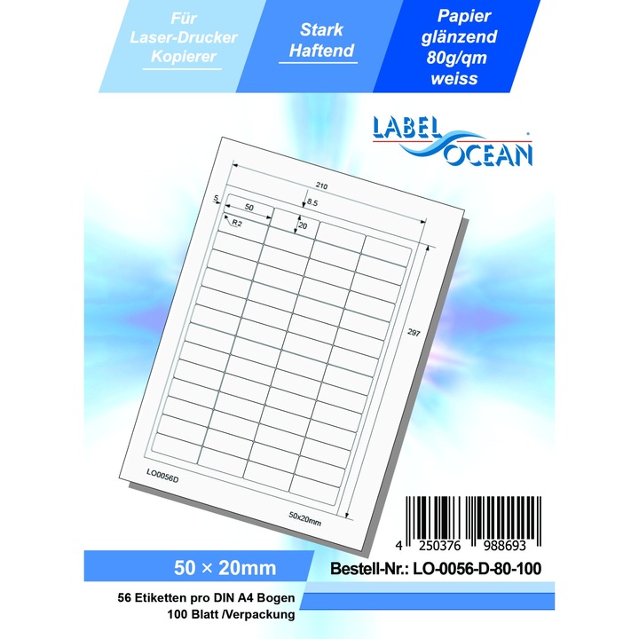 Etichete Autoadezive LabelOcean pe Suport A4 Dimensiuni 50x20 mm 100 Coli Lucioase