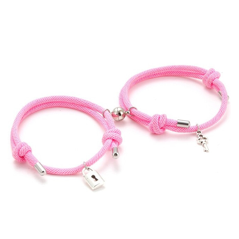 Set bratari cuplu cu magnet, lacat si cheita, tip sfoara, roz, EFAYN RO