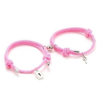 Set bratari cuplu cu magnet, lacat si cheita, tip sfoara, roz, EFAYN RO Set bratari cuplu cu magnet, lacat si cheita, tip sfoara, roz, EFAYN RO