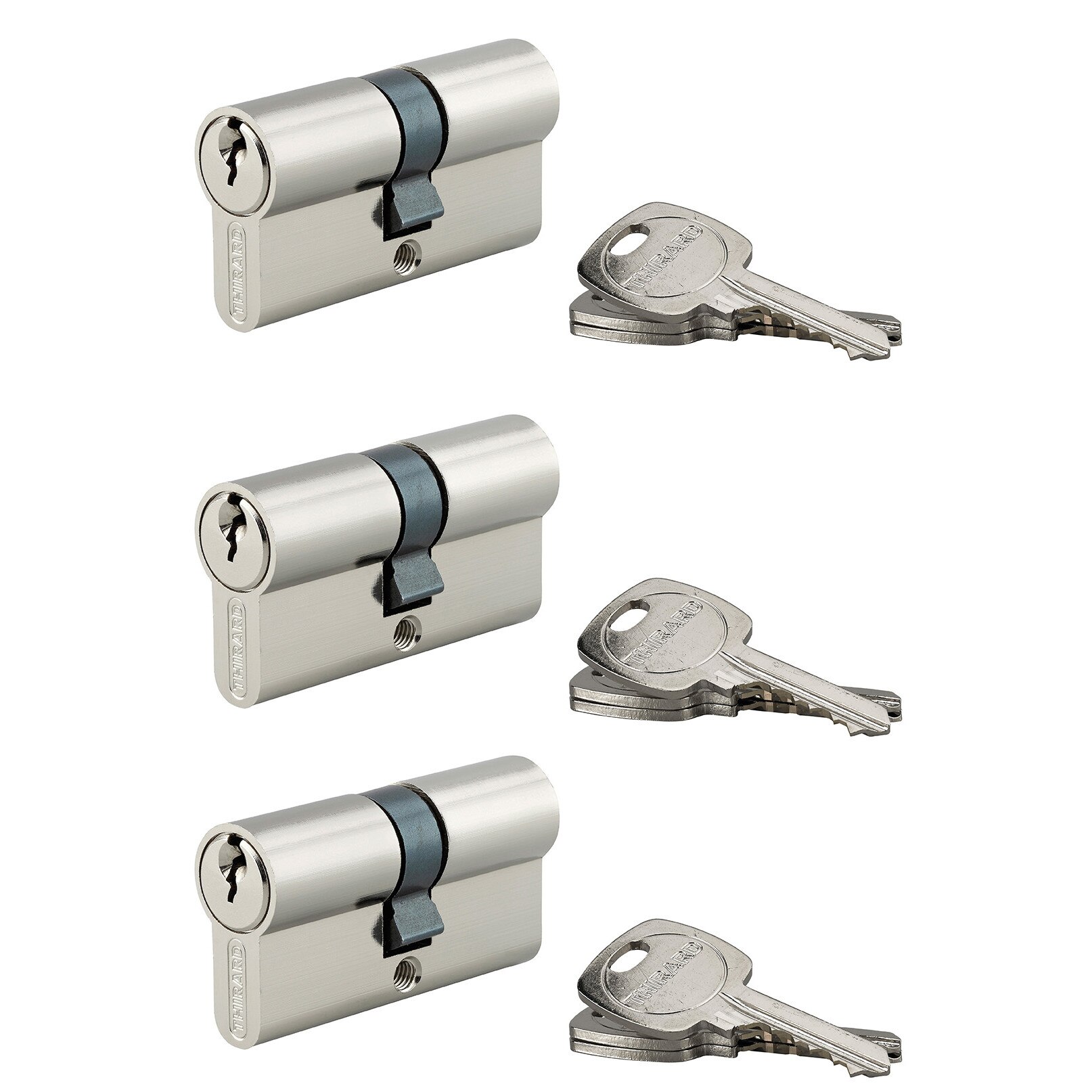 Set 3 cilindri standard Thirard „STD” 30 x 30 mm, din alama nichelata, mecanism cu 5 pini, 9 chei