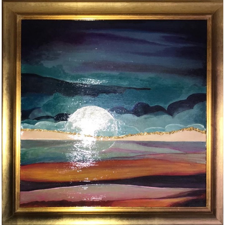 Tablou abstract pictat manual ulei pe panza, pictura apus de soare, peisaj marin 100x90cm