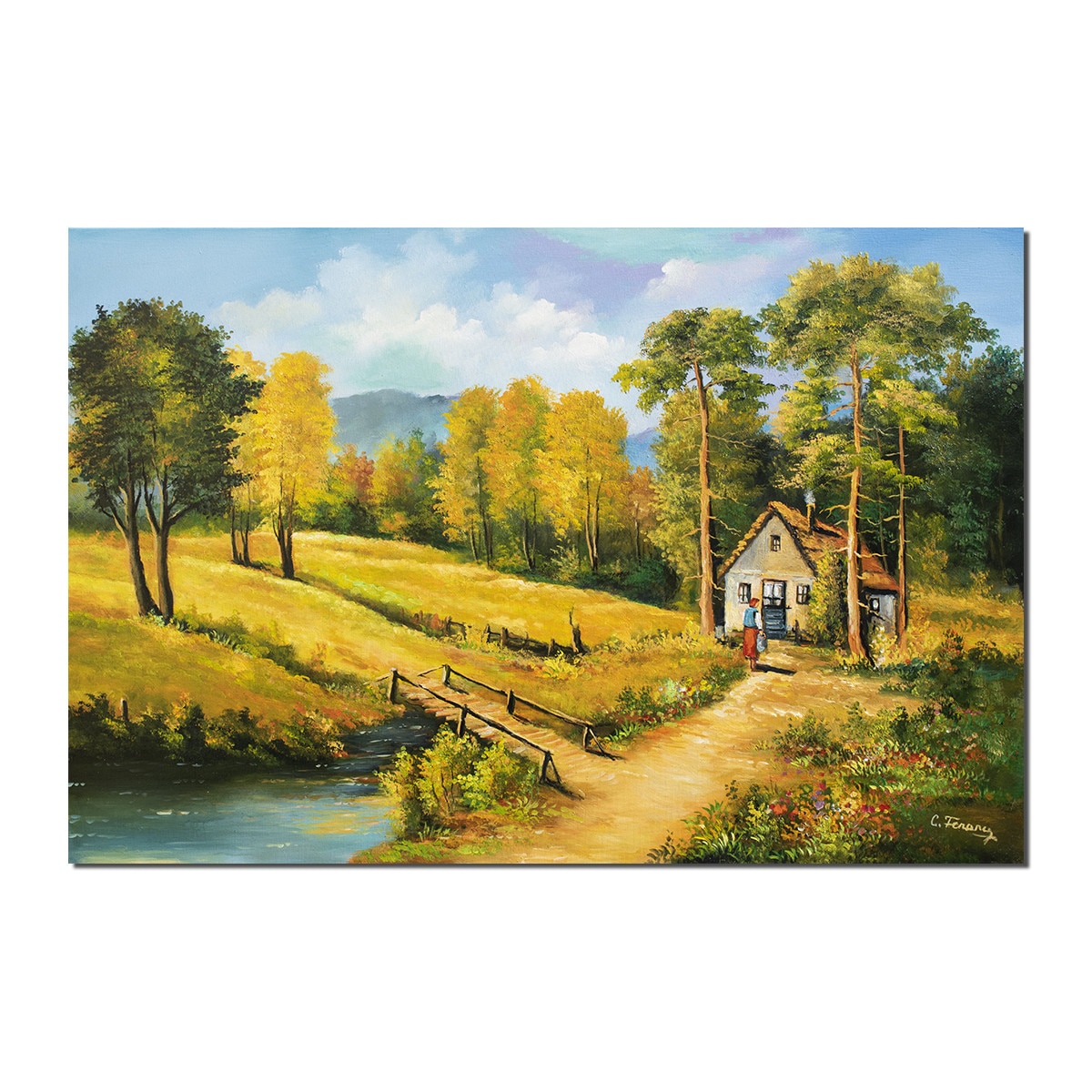 Tablou gigant living, dormitor pictat manual - Pe meleaguri mioritice - 150x100cm pictura ulei pe panza