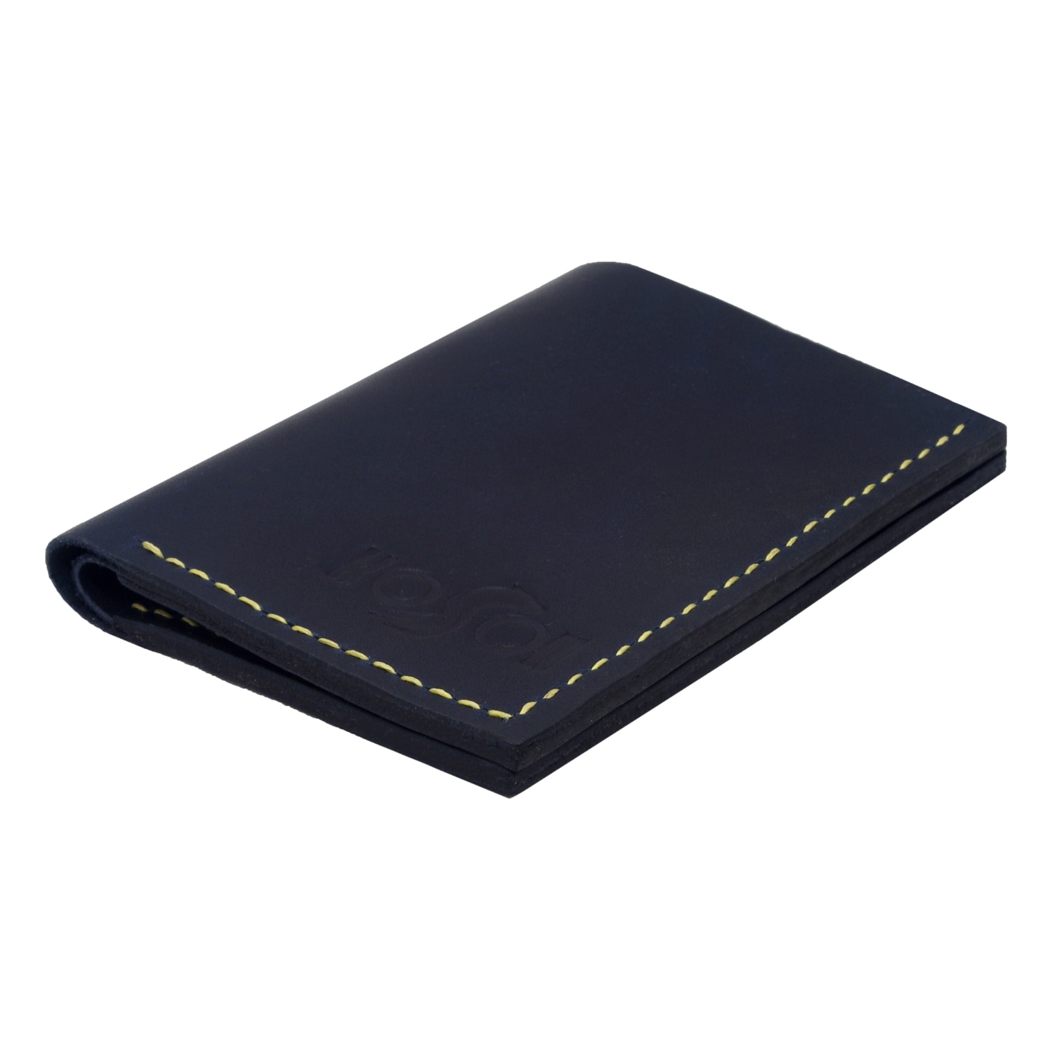 Portofel slim Koson din piele naturala bleumarin si cusatura galbena special conceput pentru 6 carduri si buletin