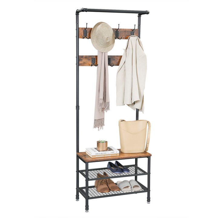 Cuier modular cu 7 agatatori si 3 rafturi VASAGLE, 66 x 32.5 x 183 cm, Metal/Lemn, Maro inchis