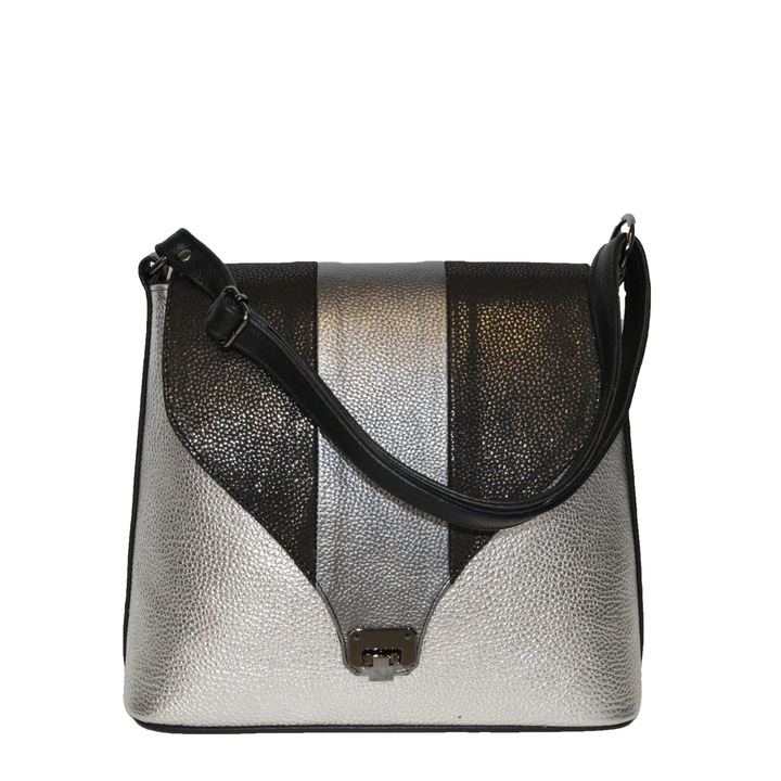 Geanta dama, casual, Zea, din piele naturala, argintiu, 27x14x27 cm