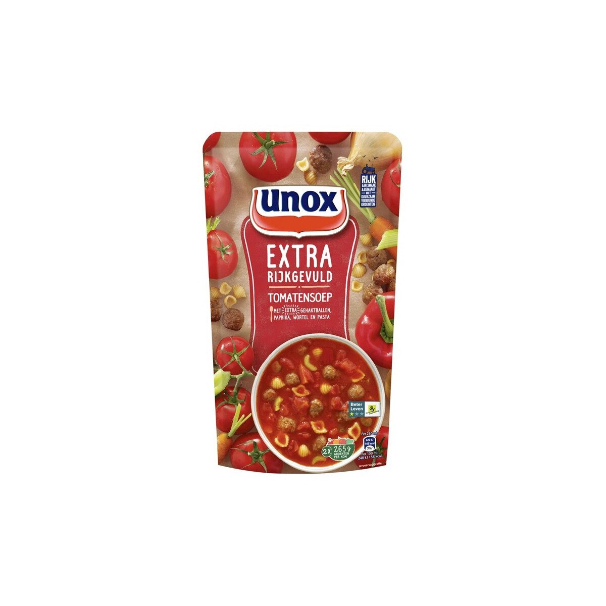 Supa, de rosii, cu chiftelute, paprika, morcov si paste, Unox, Olanda, 570 ml
