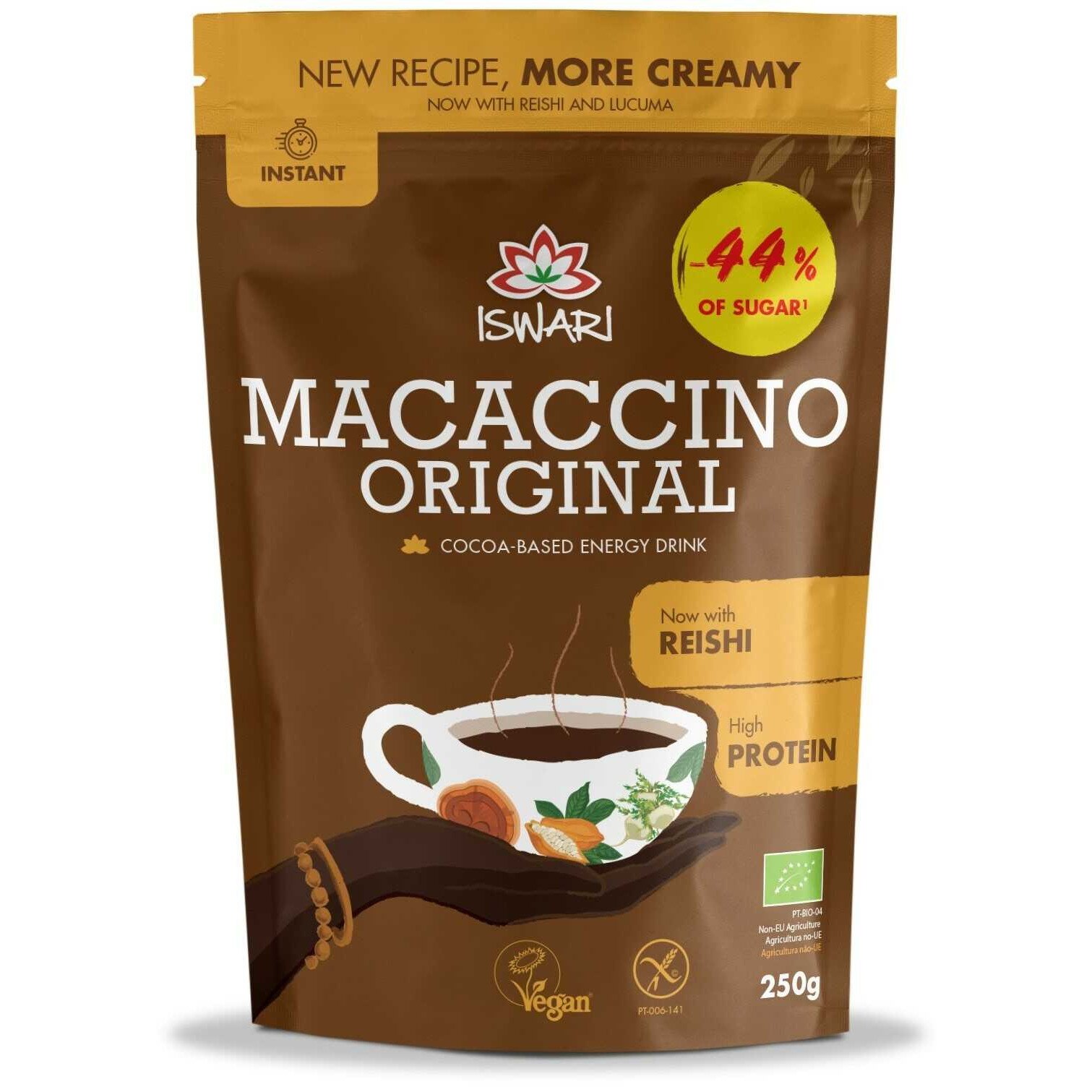 Bautura instant energizanta bio vegana Macaccino Original Reishi Iswari, 250 g