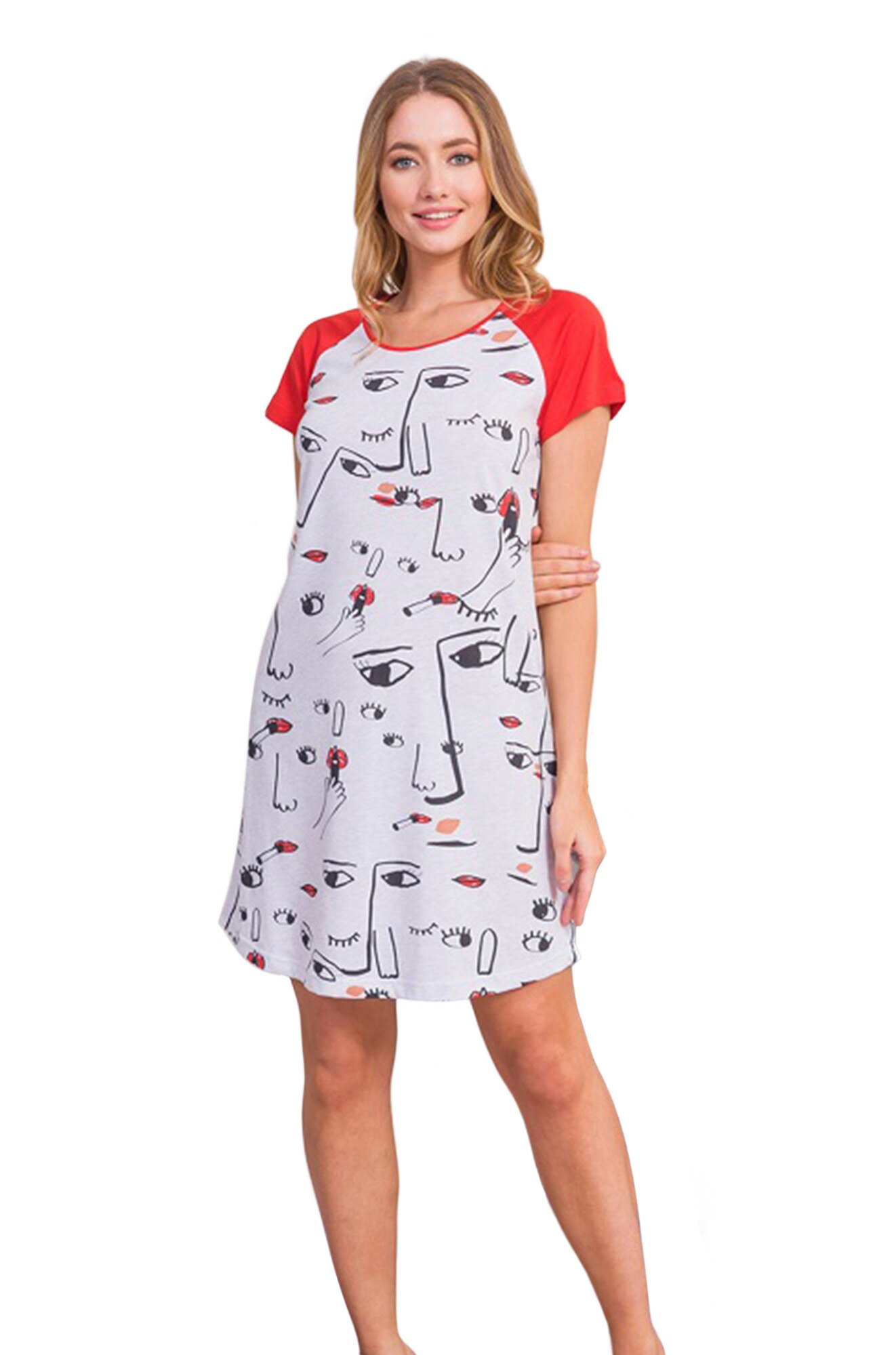 Camasa de noapte Vienetta , model Imagine, gri melange/rosu