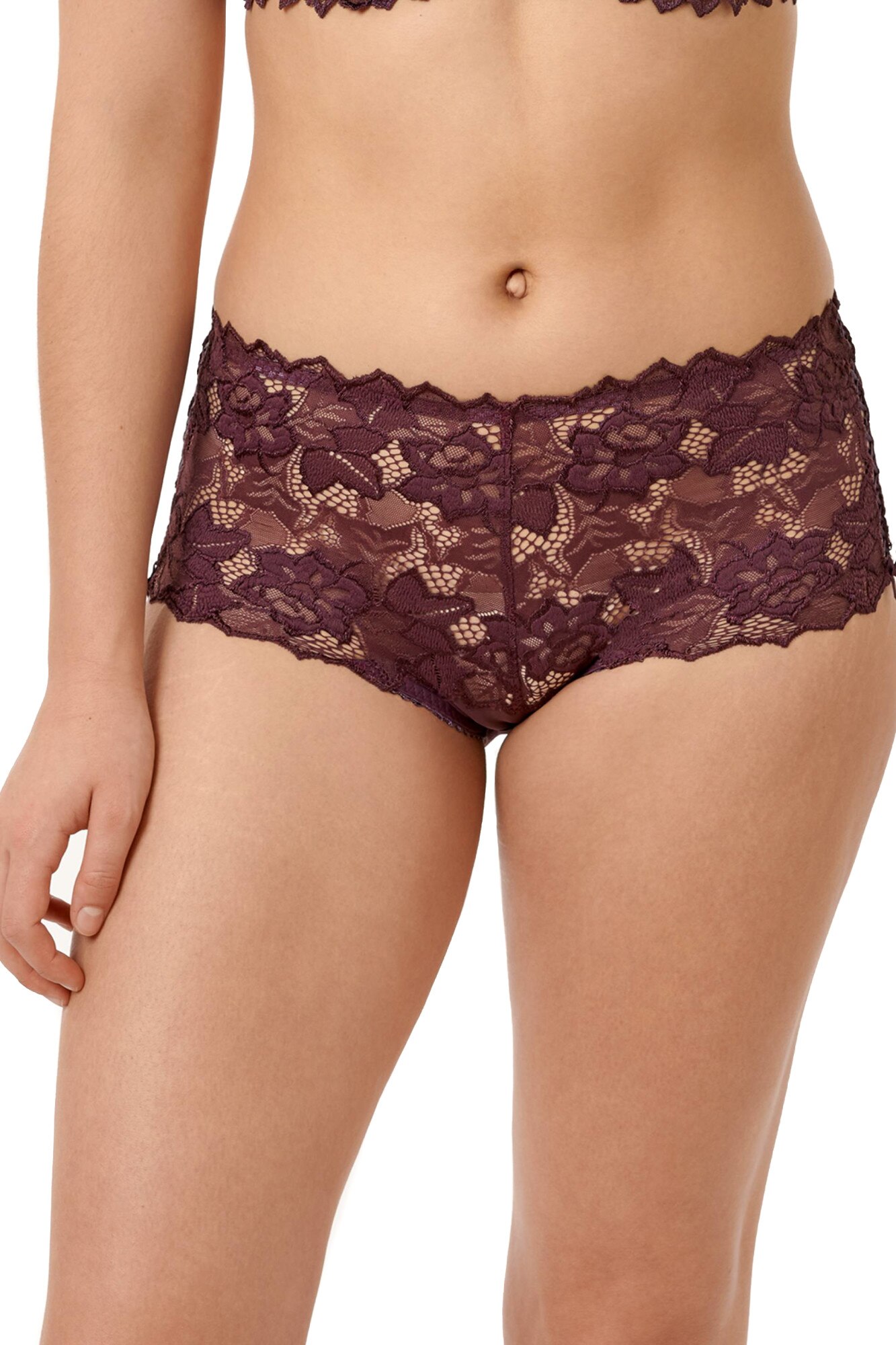 Chiloti model lat in lateral cu talie inalta, de colectie din dantela si microfibra, S Complexe Arum, Mov pruna