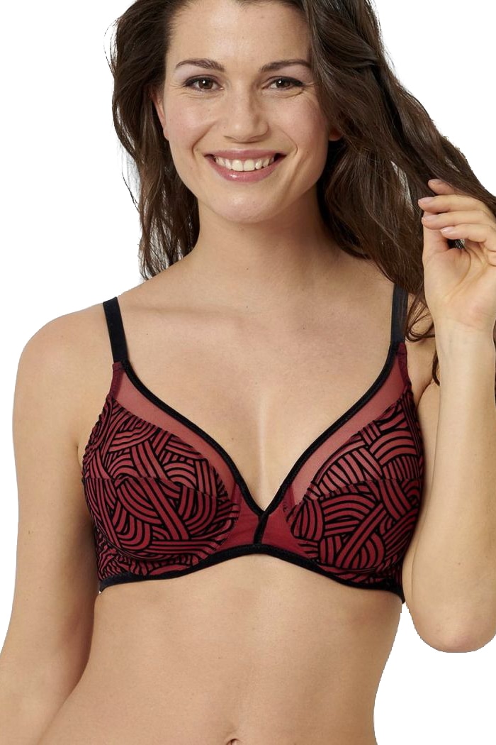 Sutien frantuzesc cu sustinere , fara burete, din catifea si tul, Couture, Negru/Bordo