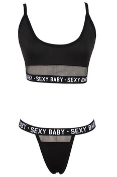 Set lenjerie sexy 2 piese, print sexy baby, bustiera si chilot tanga, EFAYN RO, Negru Set lenjerie sexy 2 piese, print sexy baby, bustiera si chilot tanga, EFAYN RO, Negru