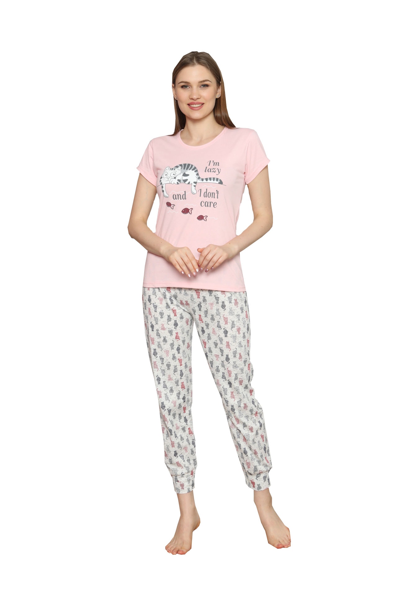 Pijamale dama Serena, imprimeu pisica, Roz