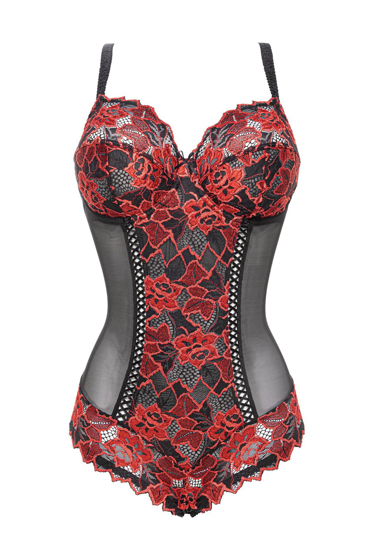 Body tip corset, modelator, fara burete, din dantela, tul si microfibra, Colectie frantuzeasca S Complexe Arum, Negru Rosu