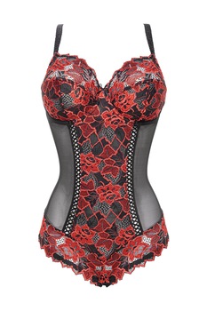 Body tip corset, modelator, fara burete, din dantela, tul si microfibra, Colectie frantuzeasca S Complexe Arum, Negru Rosu Body tip corset, modelator, fara burete, din dantela, tul si microfibra, Colectie frantuzeasca S Complexe Arum, Negru Rosu