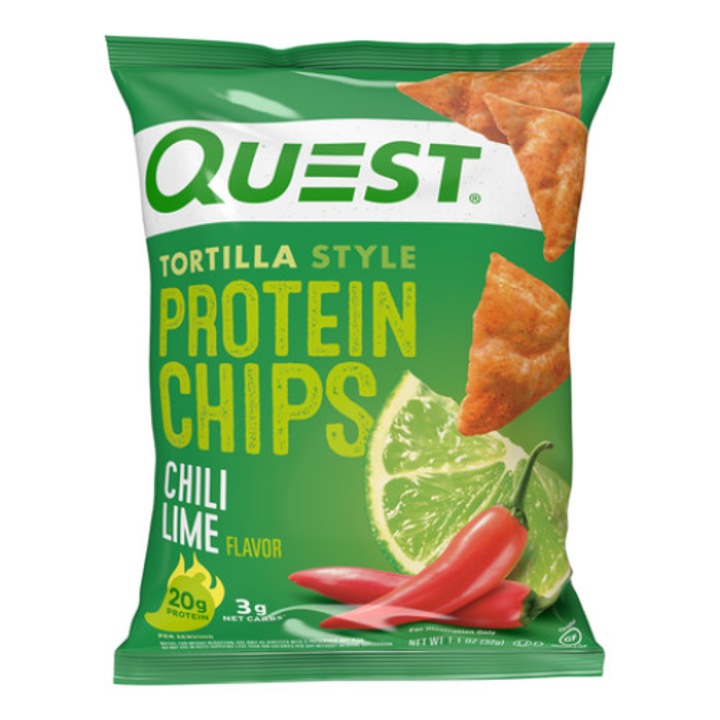 Inlocuitor de Masa - Chipsuri Proteice, GNC Quest Tortilla Style Protein Chips, cu Aroma de Chili si Lime, 32 g
