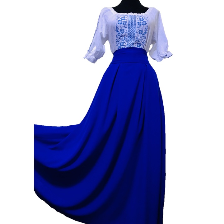 Costum popular dama,bumbac,voal,alb,albastru,L