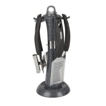 Set 4 ustensile de bucatarie din otel inoxidabil si suport rotativ Tower T832031, finisaj cu aspect de marmura si manere negre Set 4 ustensile de bucatarie din otel inoxidabil si suport rotativ Tower T832031, finisaj cu aspect de marmura si manere negre