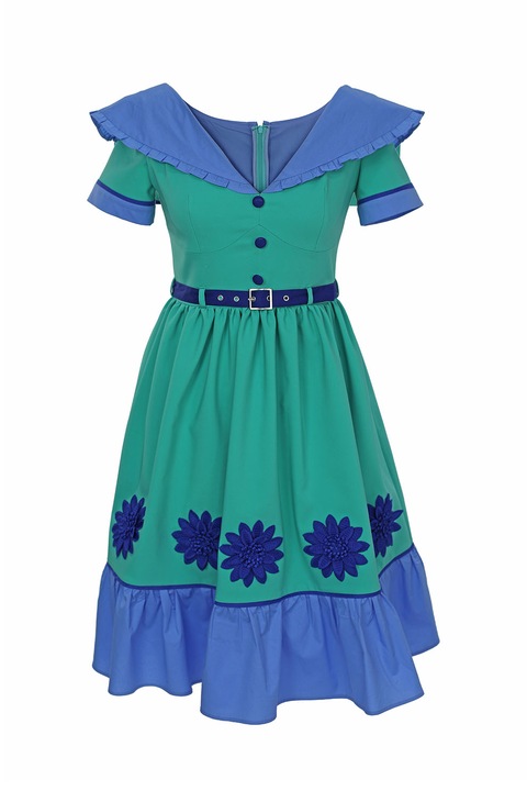 ambar studio, Gilda bővülő fazonú colorblock dizájnos ruha virágos rátétekkel, Zöld/Kék