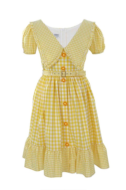 ambar studio, Luna kockás ruha széles gallérral, Fehér/Sáfránysárga