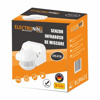 Senzor de miscare pe perete Electronin, 12m, IP44, 180⁰ Senzor de miscare pe perete Electronin, 12m, IP44, 180⁰