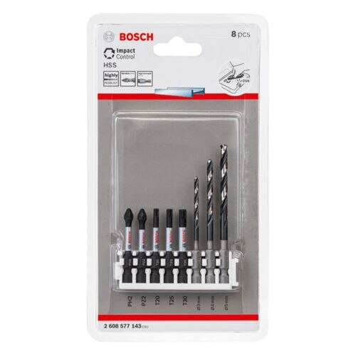 Set 3 burghie pentru metal HEX-9 si 5 biti Impact Control, Bosch