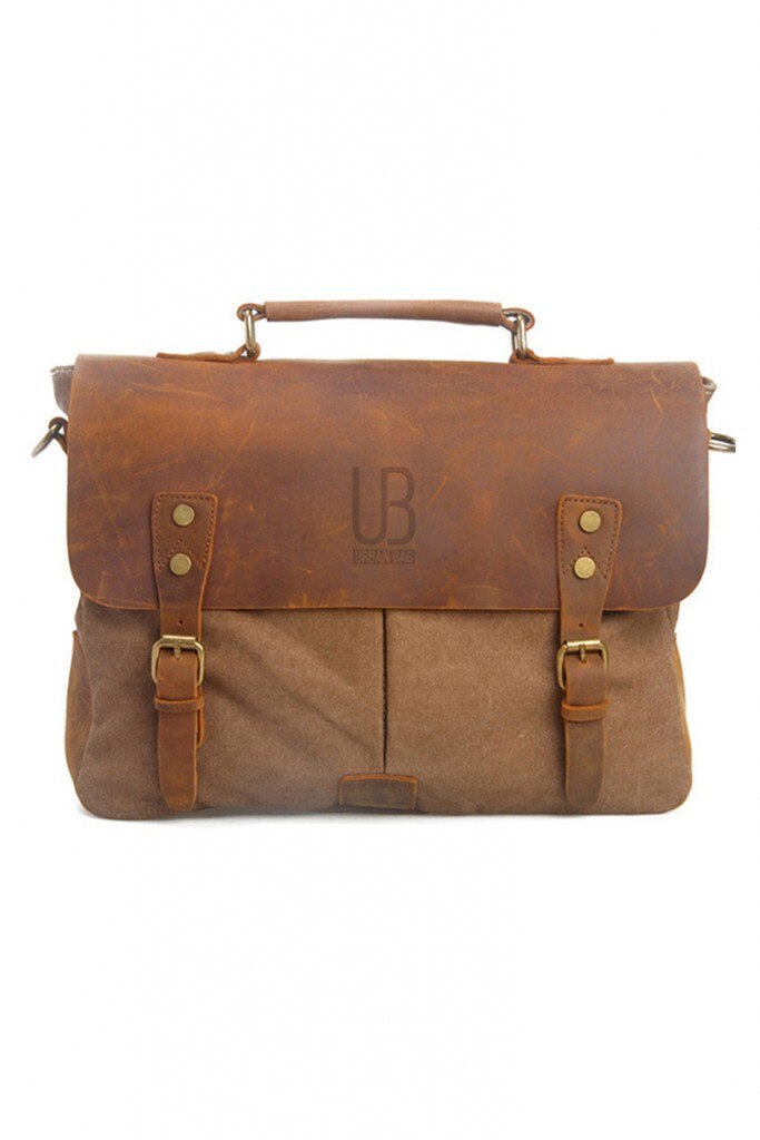 Geanta de umar URBAN BAG Oxford coffee din piele naturala si material textil pentru femei