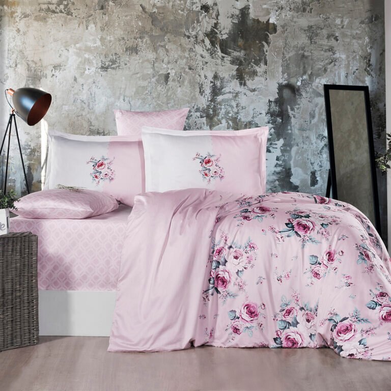 Lenjerie de pat dublu 4 piese, satin de lux, Goya Roz V1