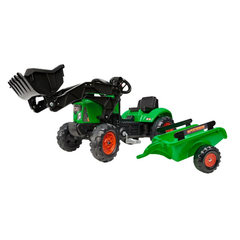 Tractor pentru copii Falk cu o paleta, remorca, capac de deschidere si pedale, verde