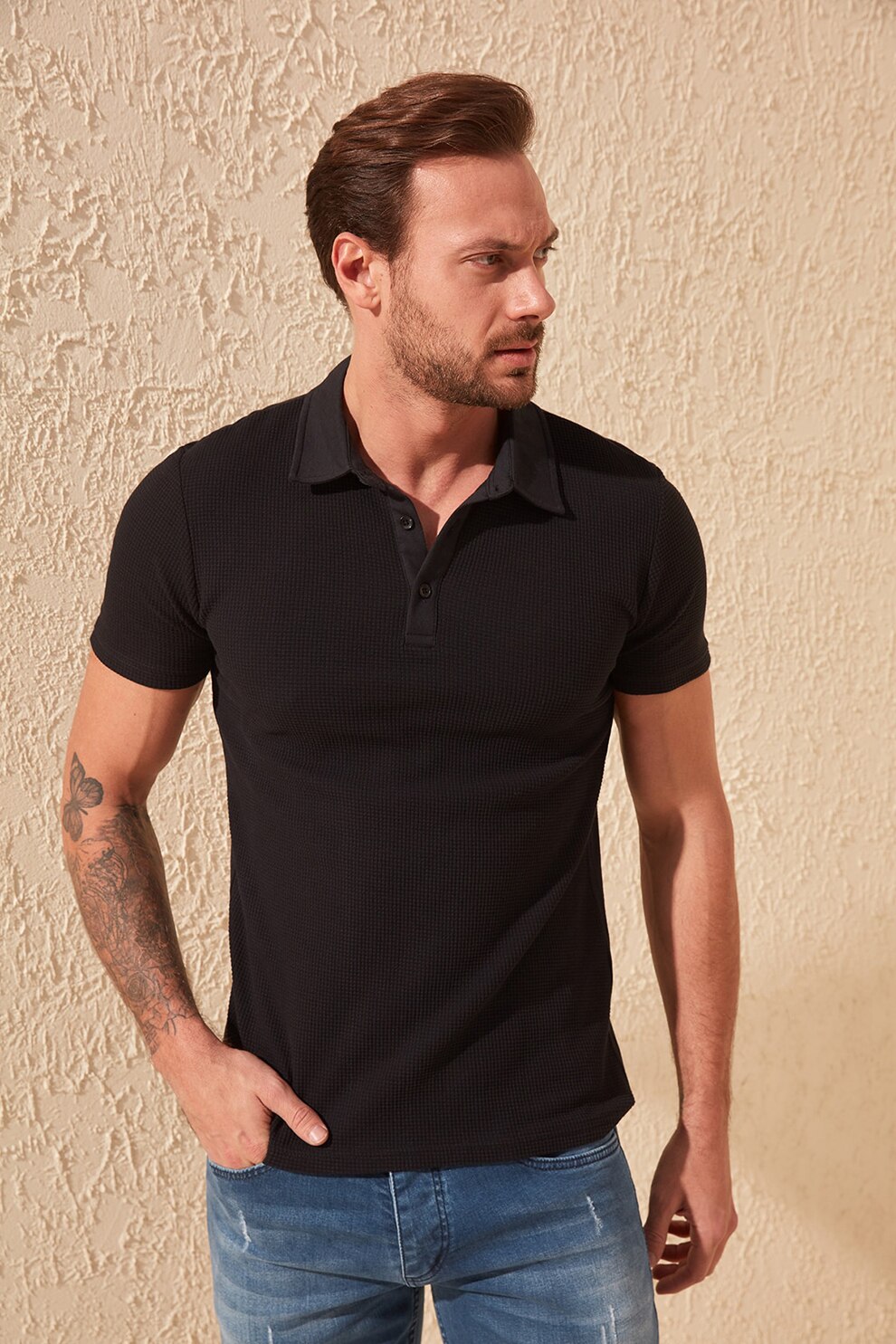 Trendyol, Tricou polo slim fit din material pique, Negru