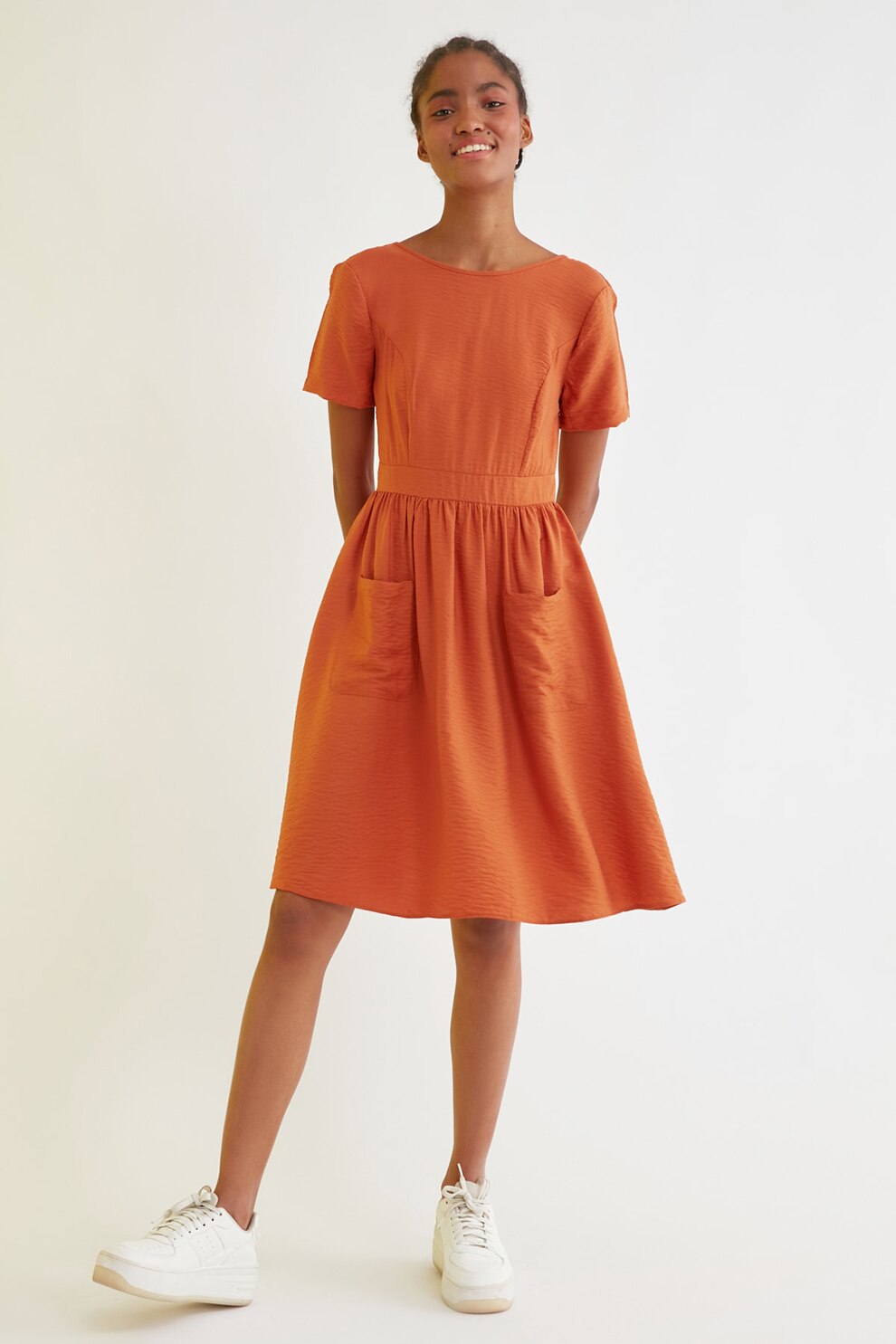 Trendyol, Rochie evazata cu buzunare aplicate, Rosu caramiziu