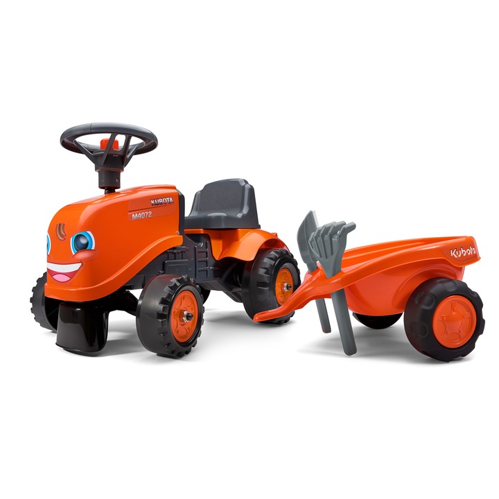 Tractor cu pedale pentru copii, Falk, Rosu, cu remorca, paleta si lopata, portocaliu