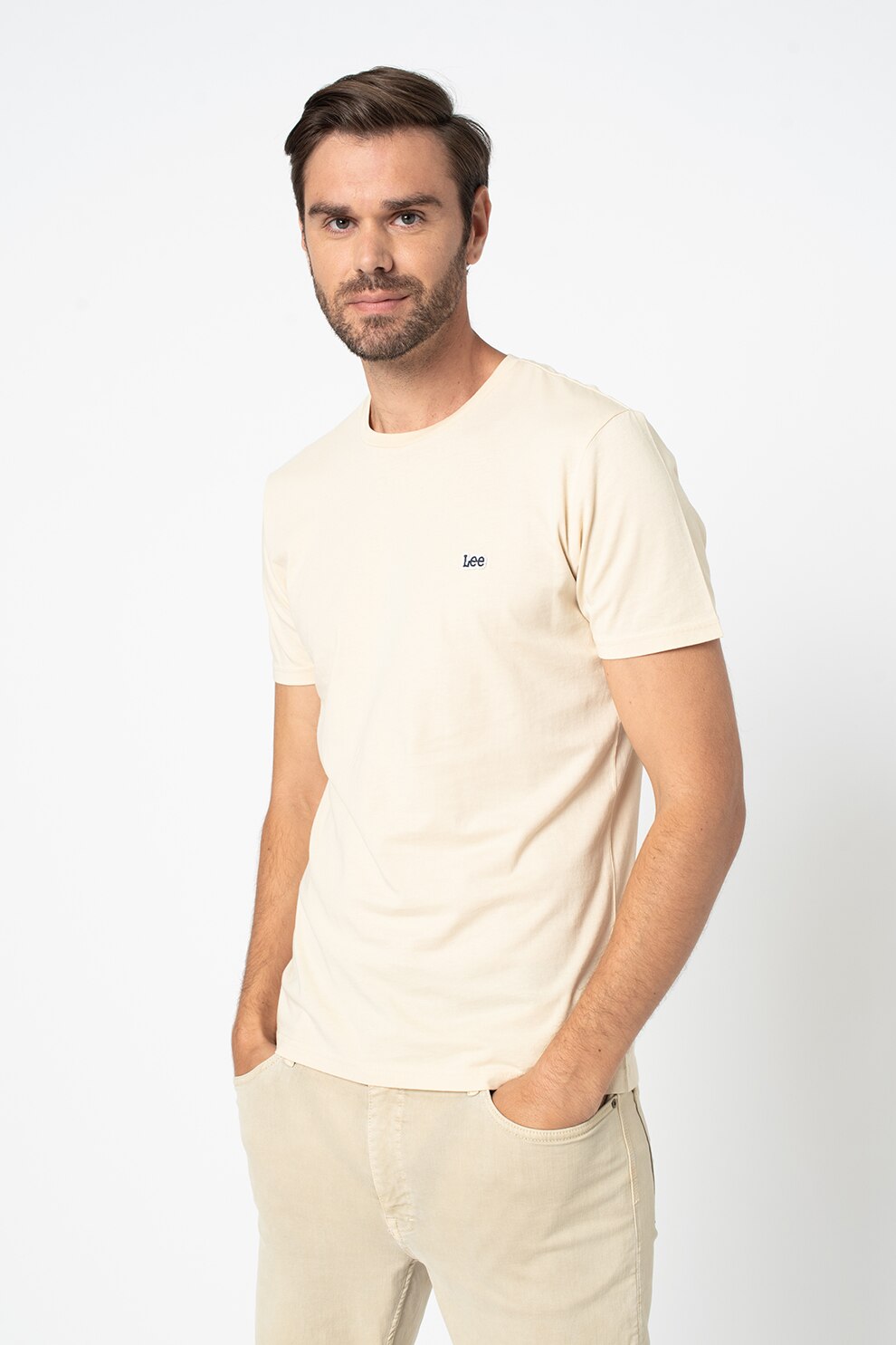 Lee, Tricou regular fit cu decolteu la baza gatului, din bumbac organic, Bej deschis/alb/negru