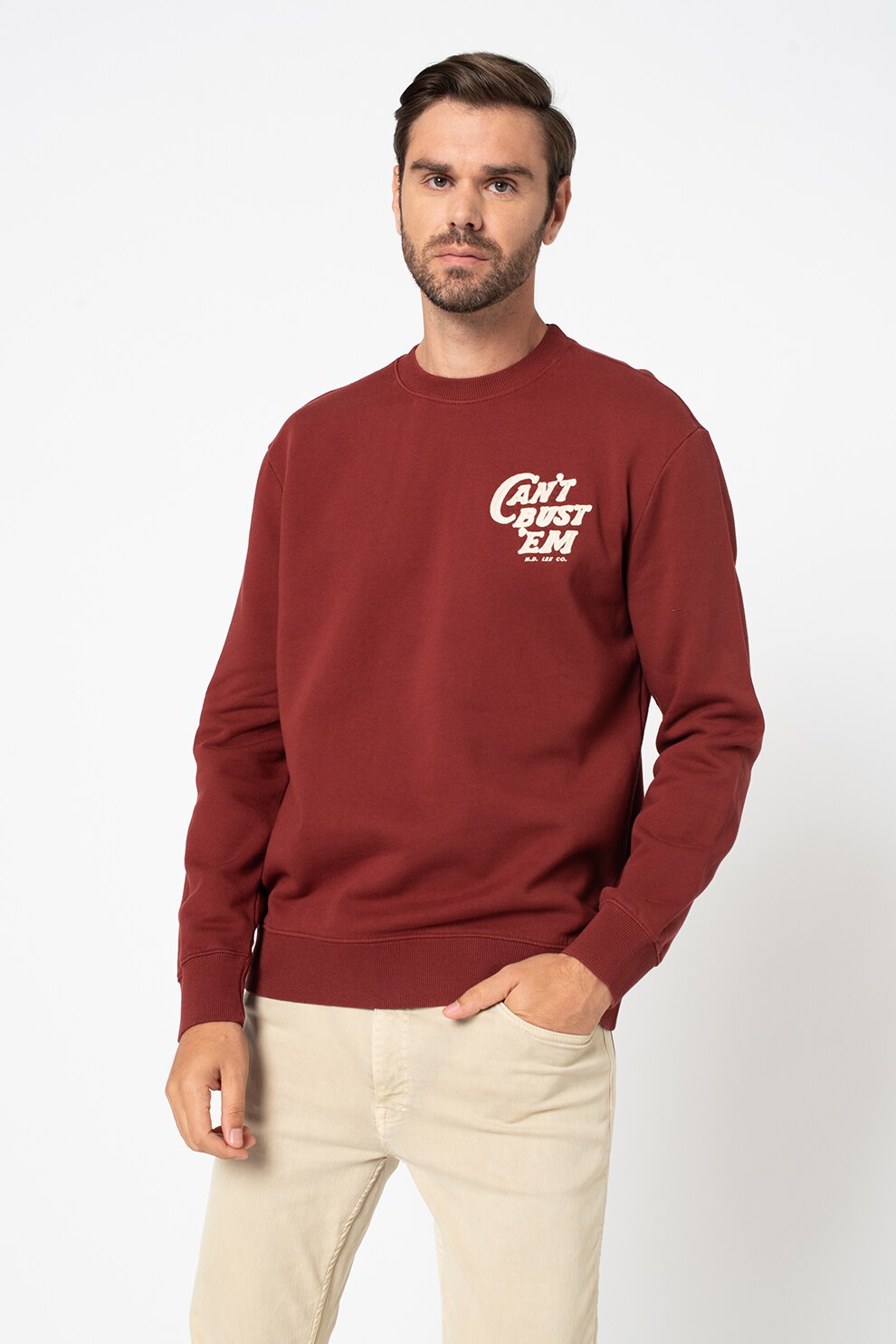 Lee, Bluza sport regular fit cu broderie Can´T Bust´Em, Rosu inchis/alb prafuit