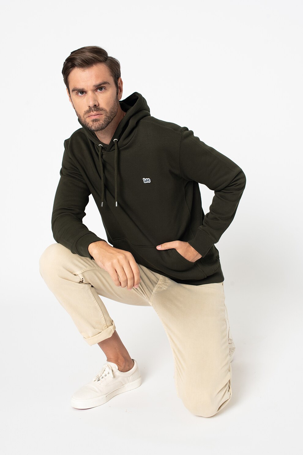 Lee, Hanorac uni regular fit cu buzunar kangaroo, Verde forest