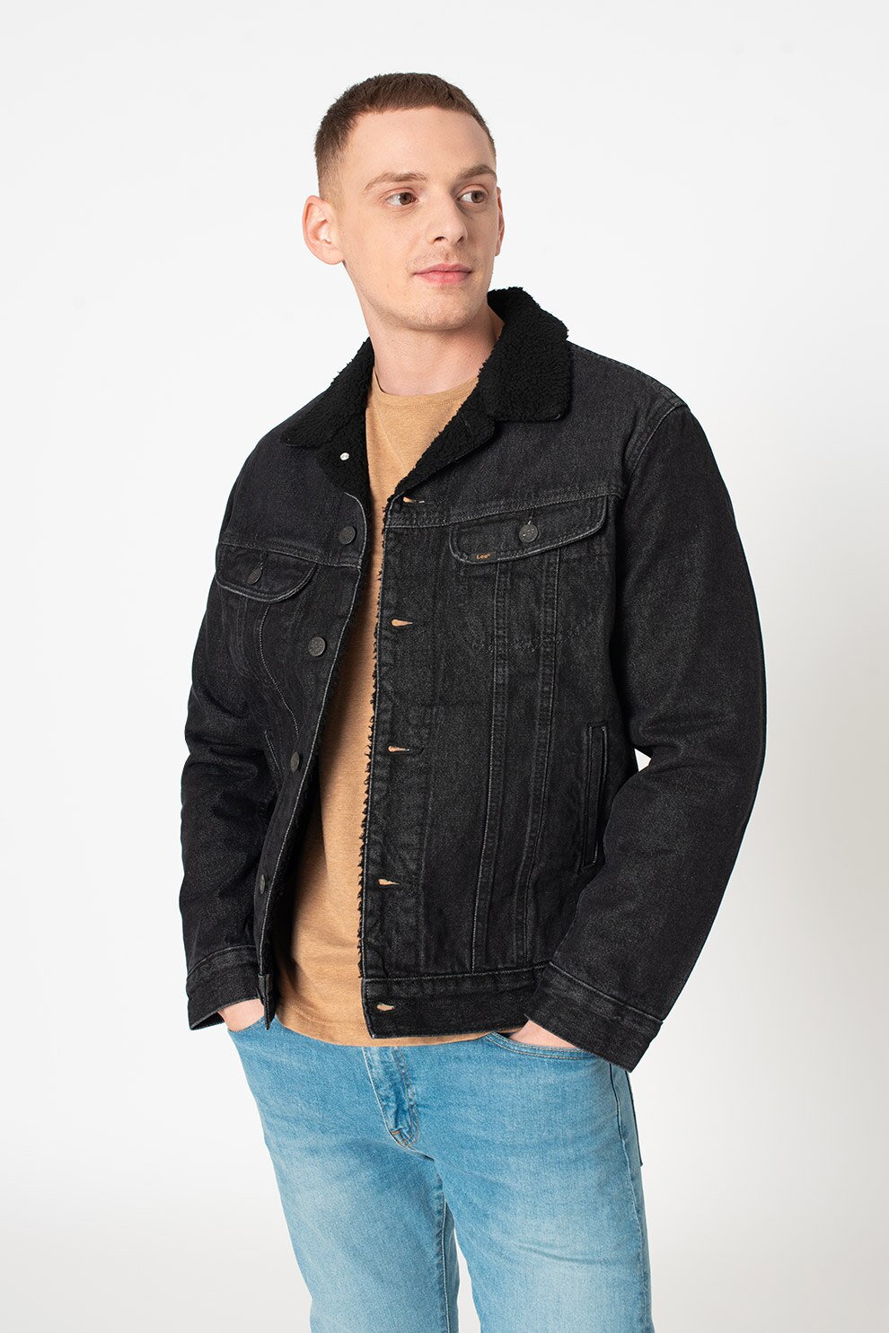 Lee, Jacheta de denim cu guler din material teddy, Gri antracit