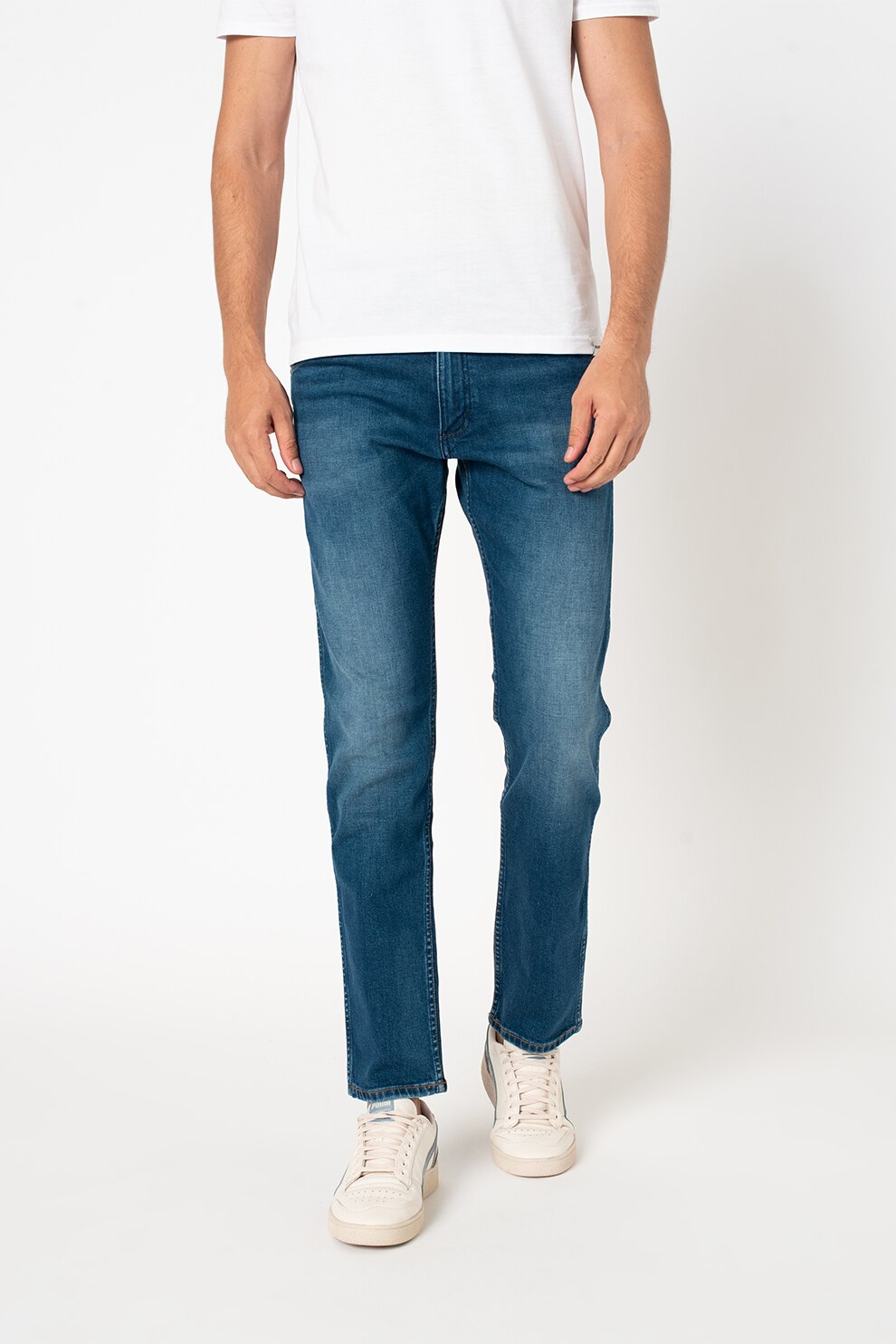 Wrangler, Blugi slim fit drepti, albastru inchis/alb