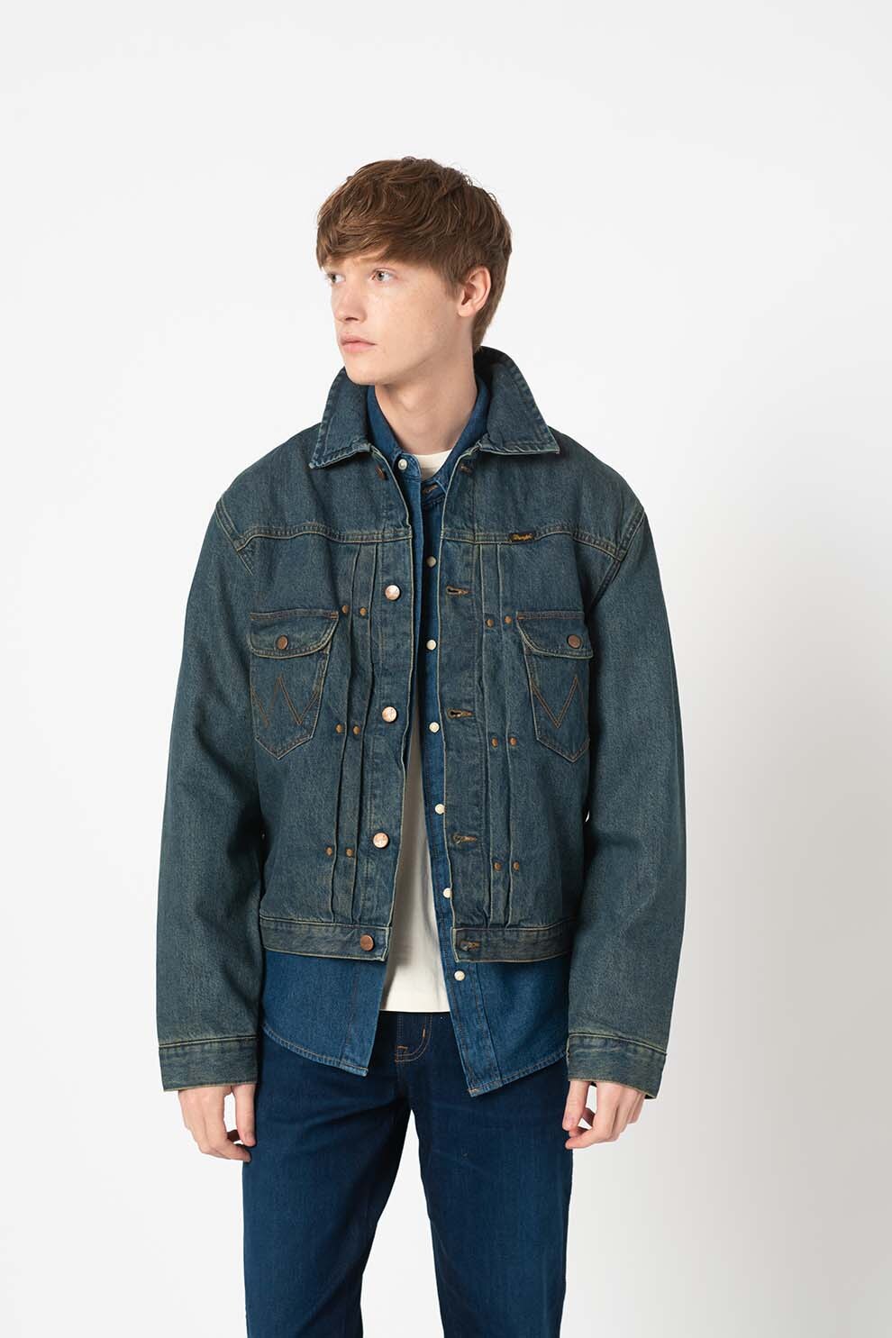 Wrangler, Jacheta de denim cu aspect decolorat Heritage, Albastru prafuit