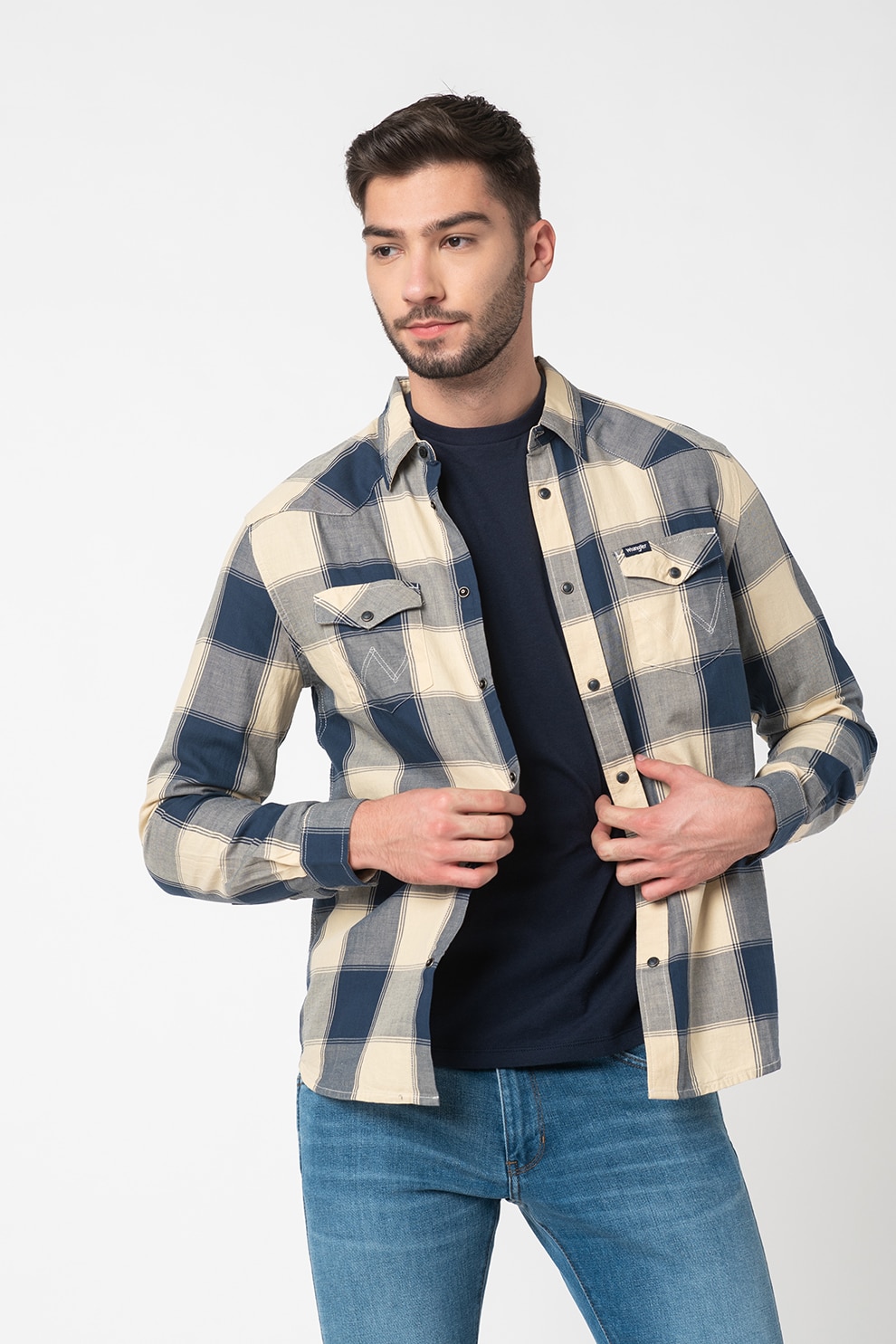 Wrangler, Camasa de bumbac cu model in carouri Western, Albastru/Bej