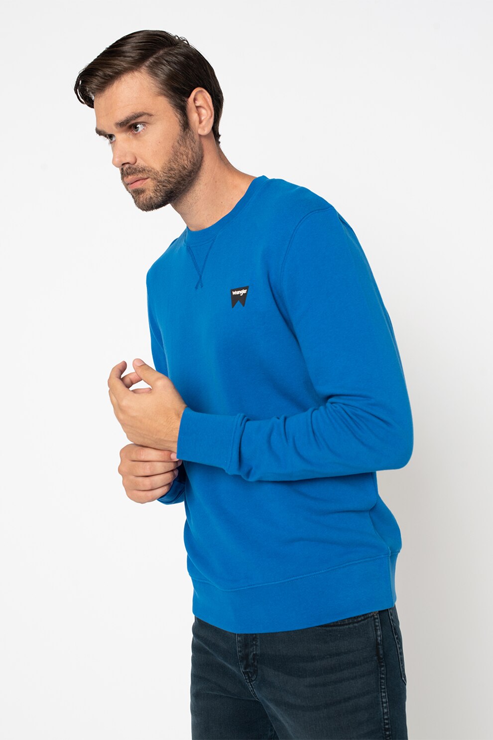 Wrangler, Bluza sport de bumbac organic cu decolteu la baza gatului, albastru royal, negru