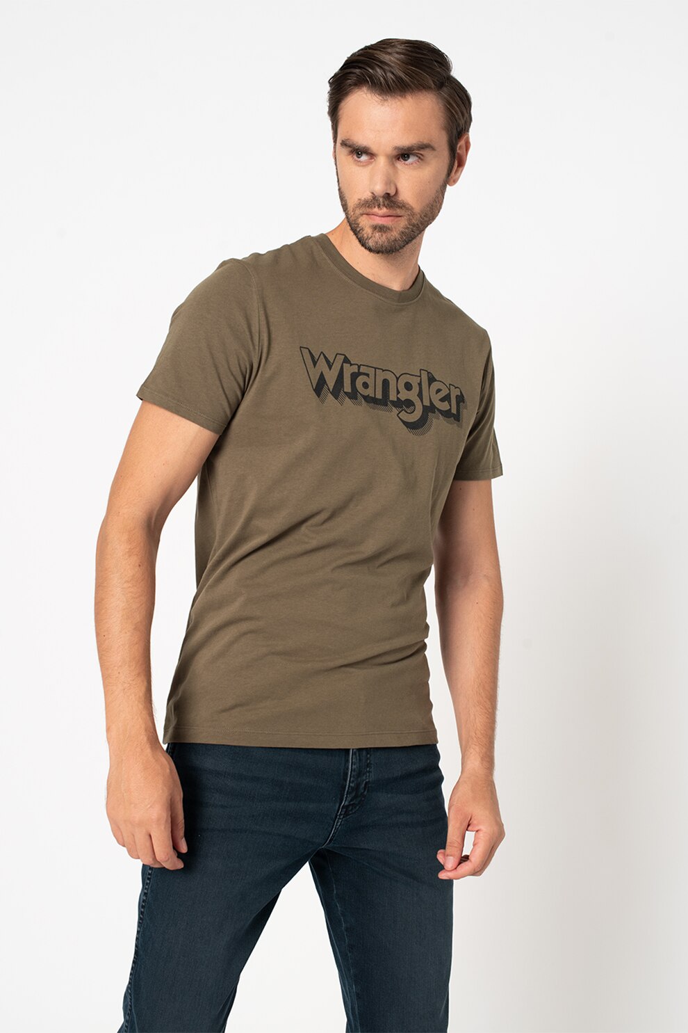 Wrangler, Tricou de bumbac cu imprimeu logo, Verde feriga/Negru