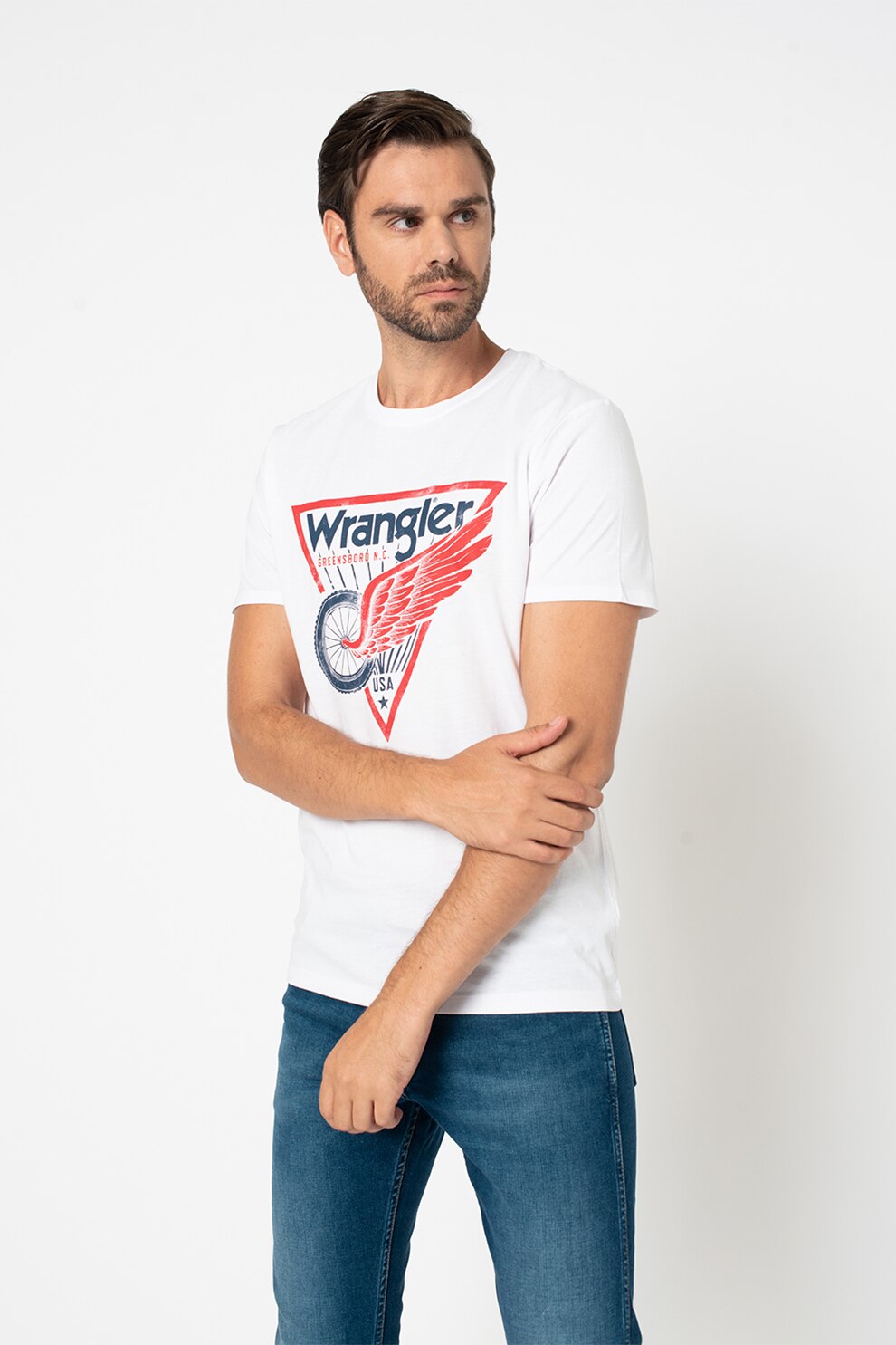 Wrangler, Tricou cu imprimeu logo si grafic, Alb/Rosu/Bleumarin