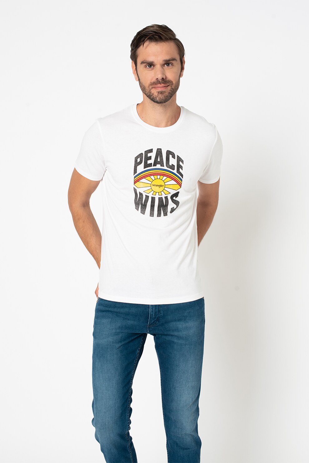 Wrangler, Tricou cu imprimeu text, Alb/Negru/Galben