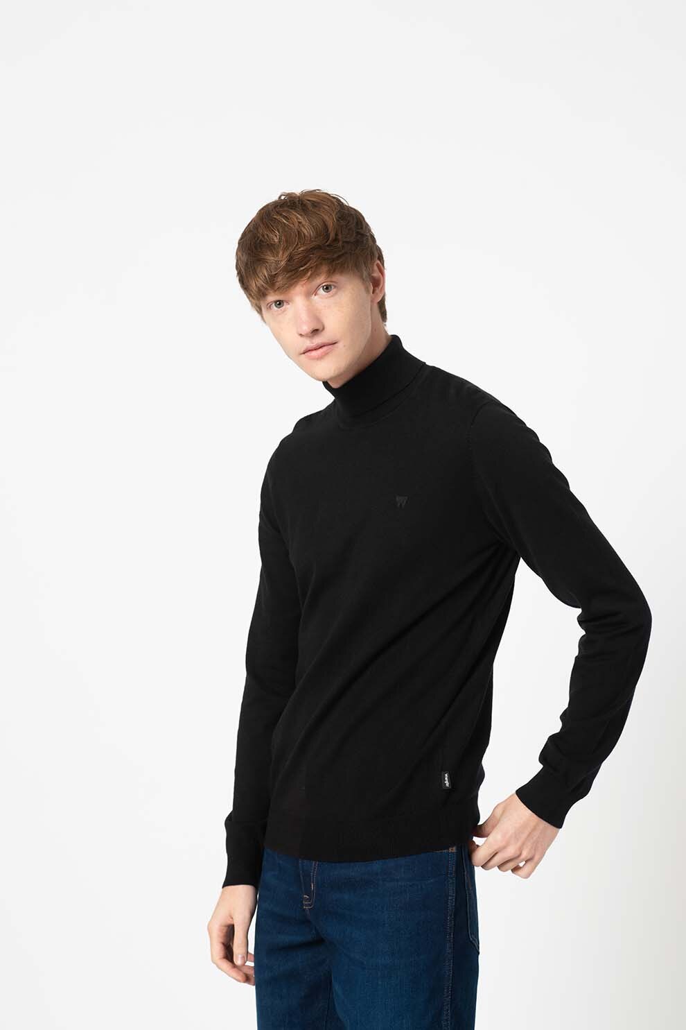 Wrangler, Pulover din amestec de lana cu guler inalt, Negru